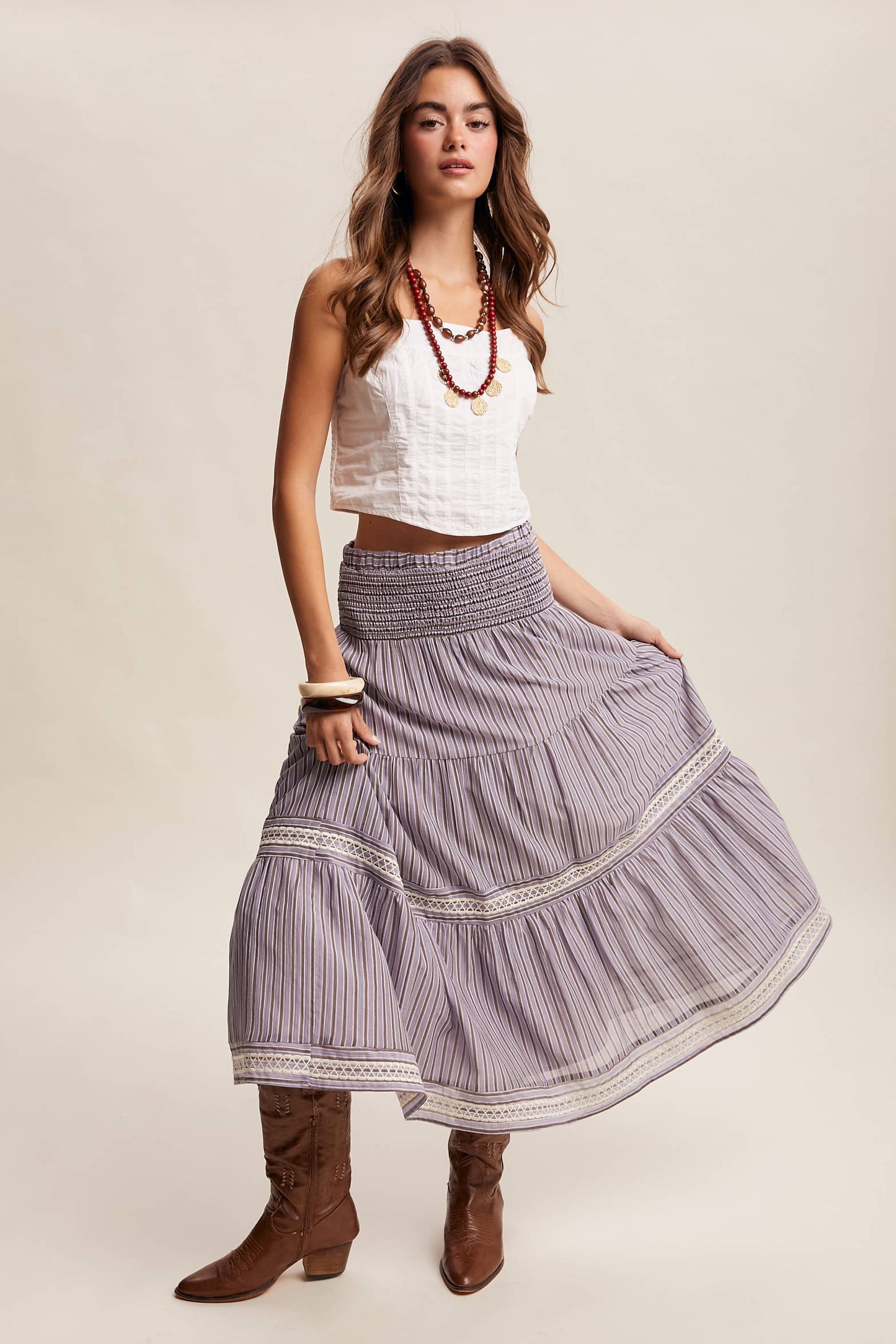 Striped Smocked Maxi Skirt with Embroidery Accents LSK0280