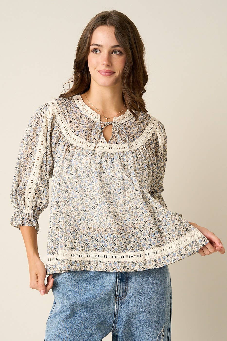 Floral Crochet Trim Boho Blouse