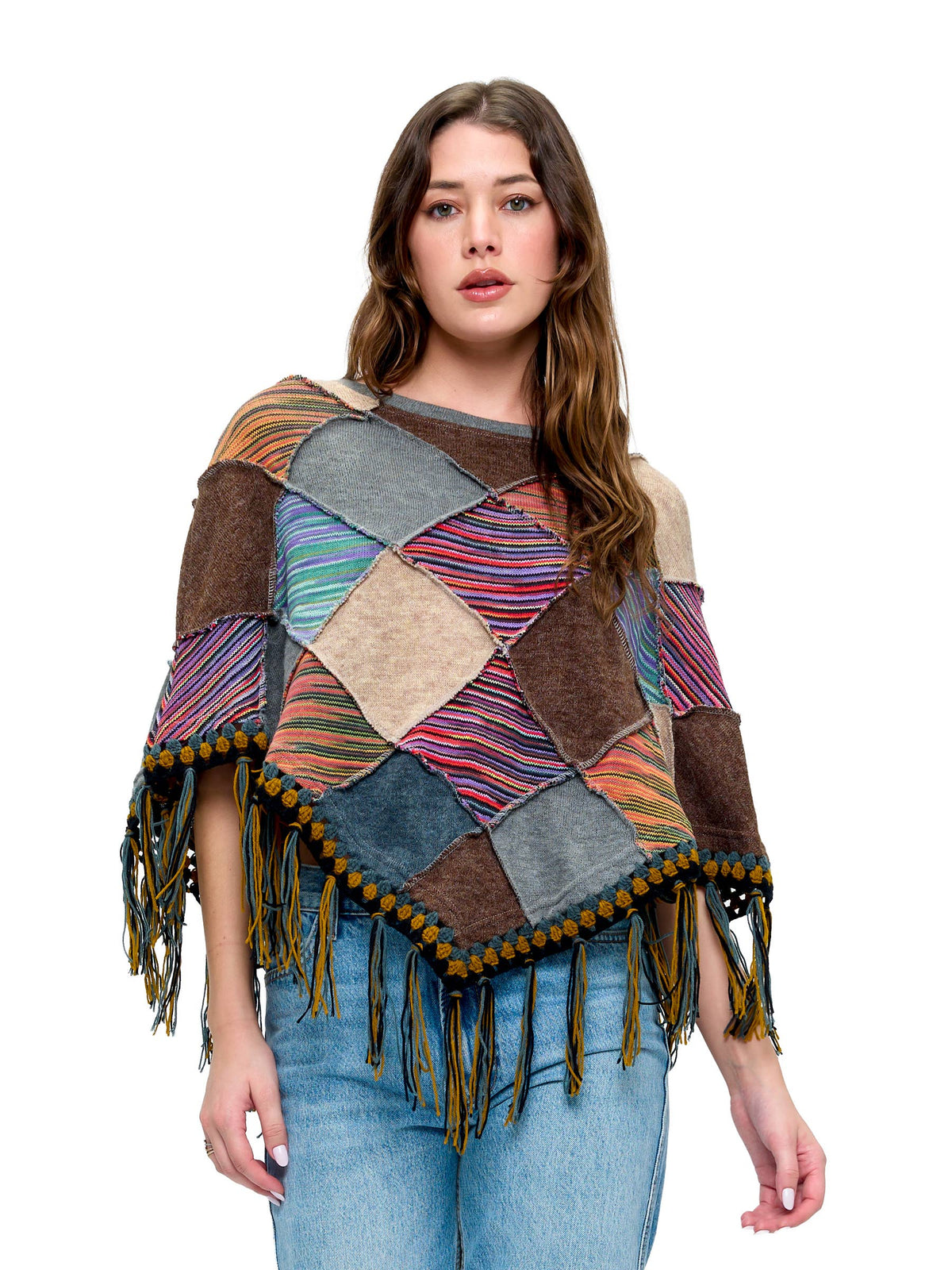 Poncho Boho Patchwork Crochet Details Fringe