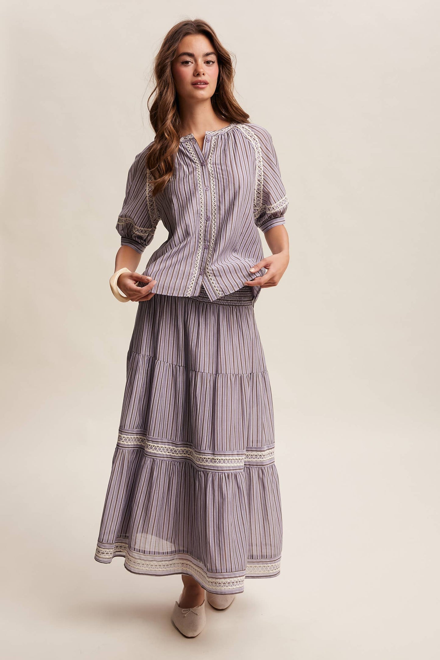 Striped Smocked Maxi Skirt with Embroidery Accents LSK0280