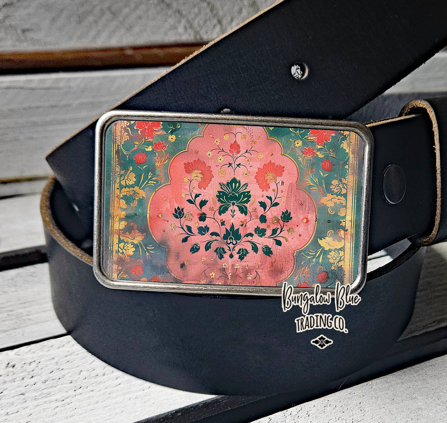 Pink Teal Indian Floral Pattern Belt Buckle
