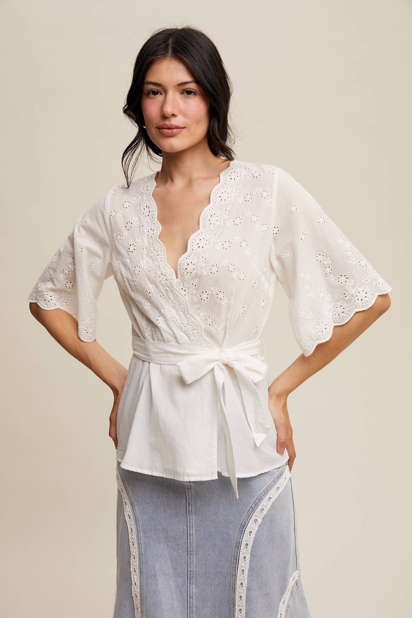 Eyelet Embroidered Wrap Blouse