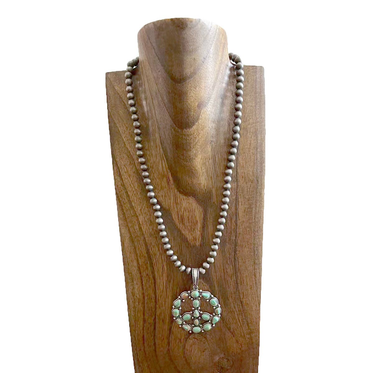 Navajo pearl beads and blue turquoise peace sign pendent Necklace