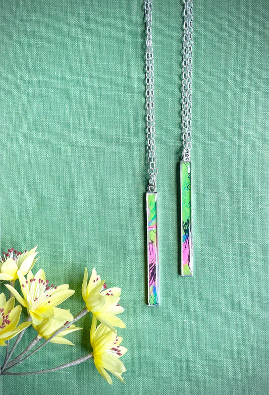 Long slim silver rectangle necklace - preppy pink, green