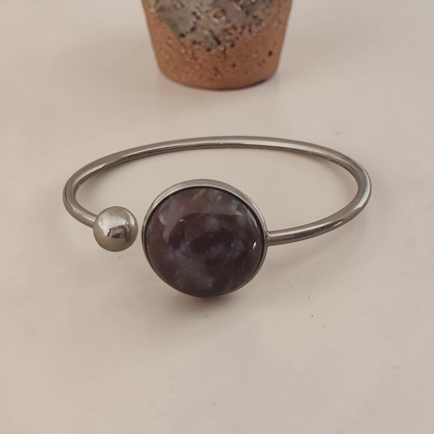 Indian Agate & Stainless Bangle Bracelet