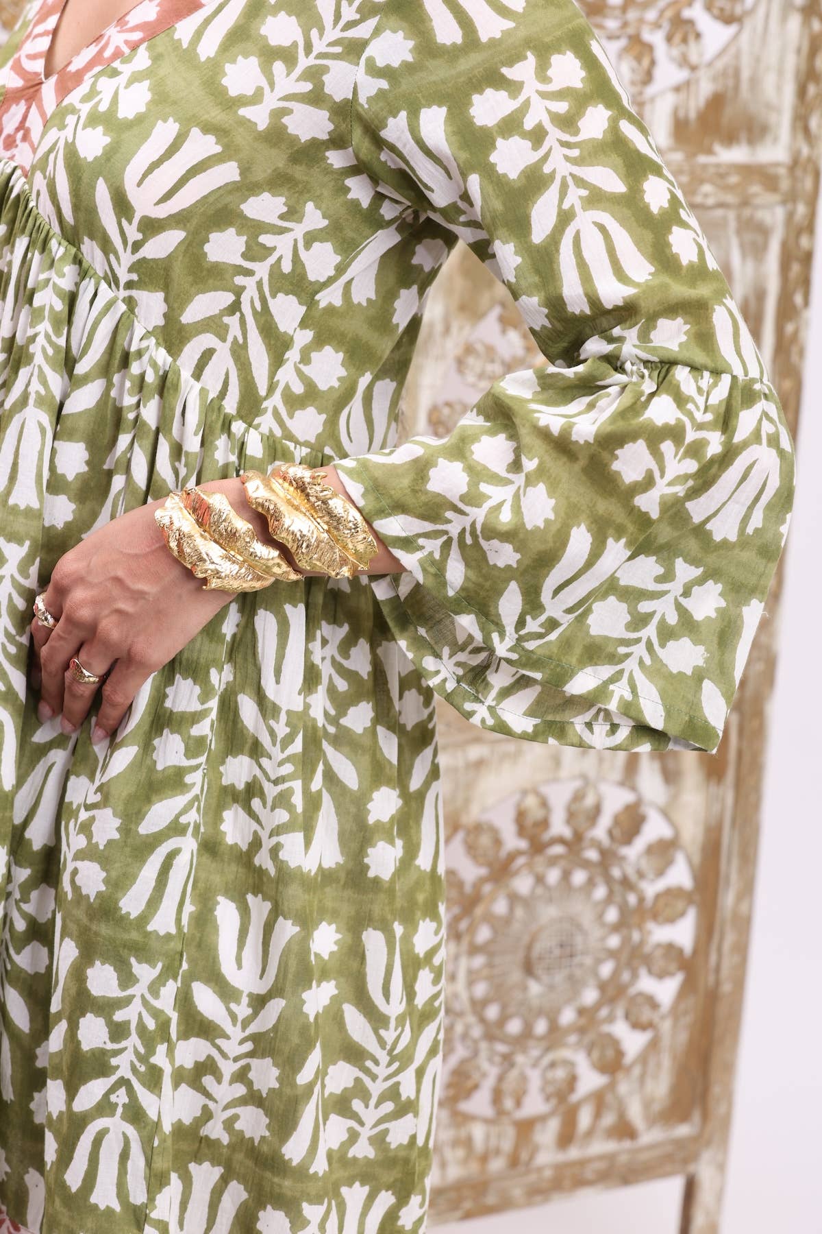 Block Printed Cotton Dress with bell sleeves (Nishu)