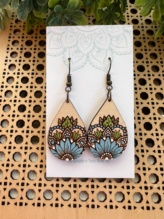 Sunflower blue hand painted lightweight wood earrings