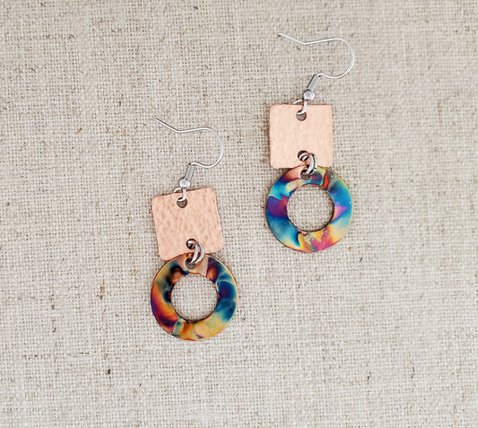 Flame Paint & Hammered Copper Circle Connector Earrings