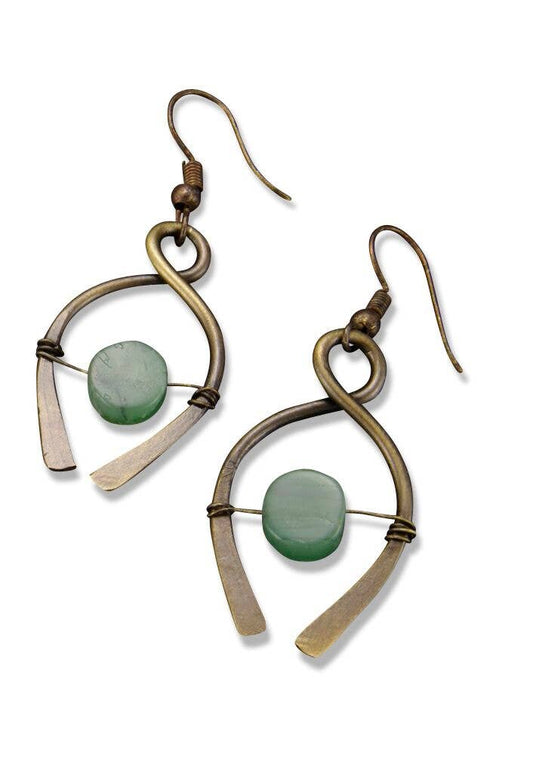Handmade Antique Brass Aventurine Leaf Earrings