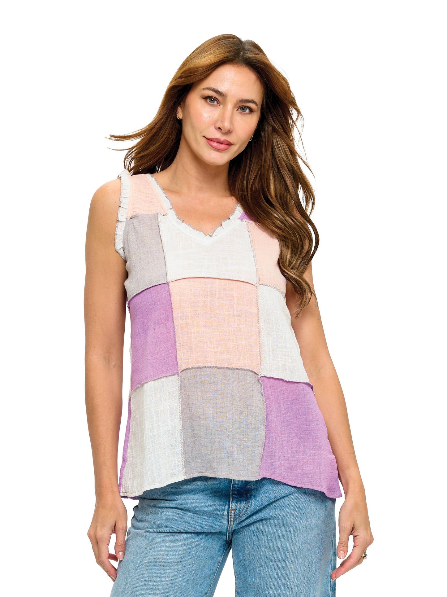 Boho Patchwork Colorblock Ruffle Details Top
