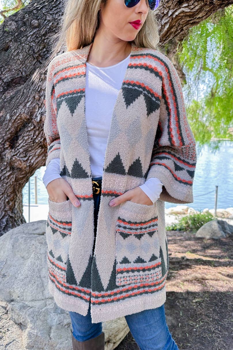 Olive Aztec Soft Knit Open Front Cardigan With Pocket