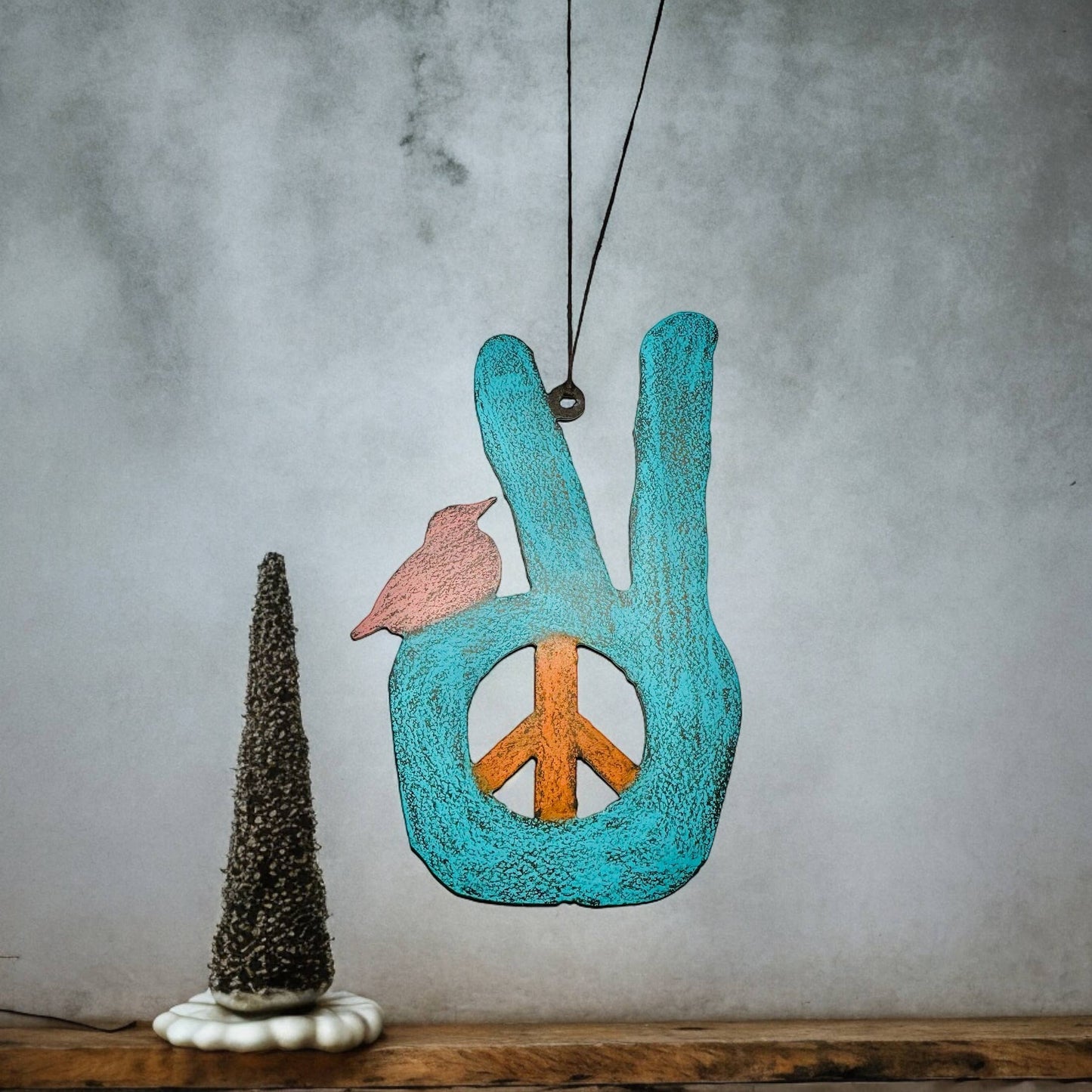 Peace sign ornament hippie hand bird metal gift recycled USA