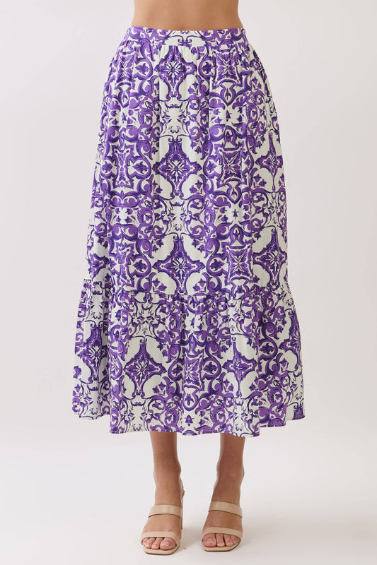 CS4076-Baroque Print Tiered Midi Skirt