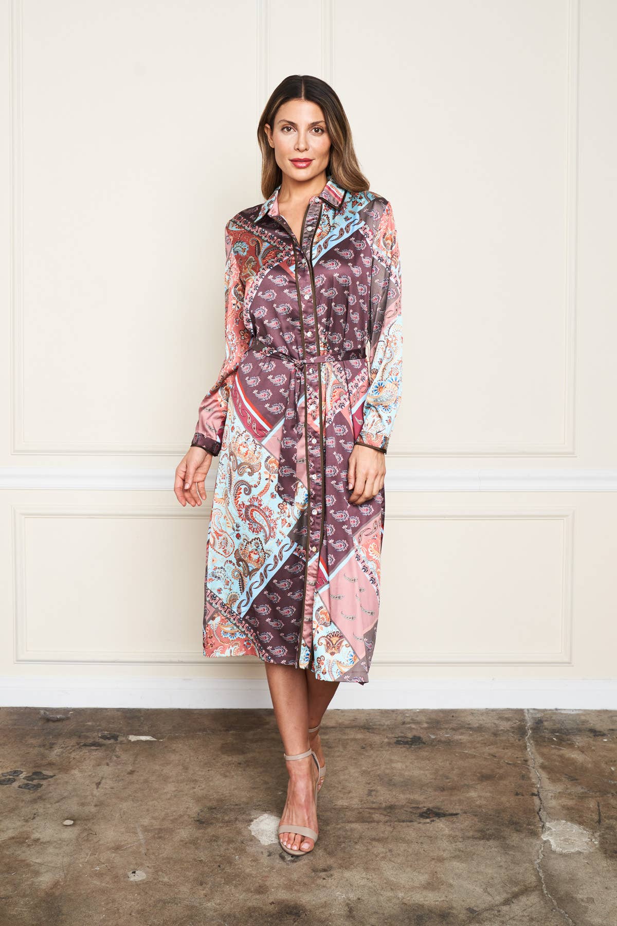 Satin Patchwork Print Shirt Dress w/Self Belt