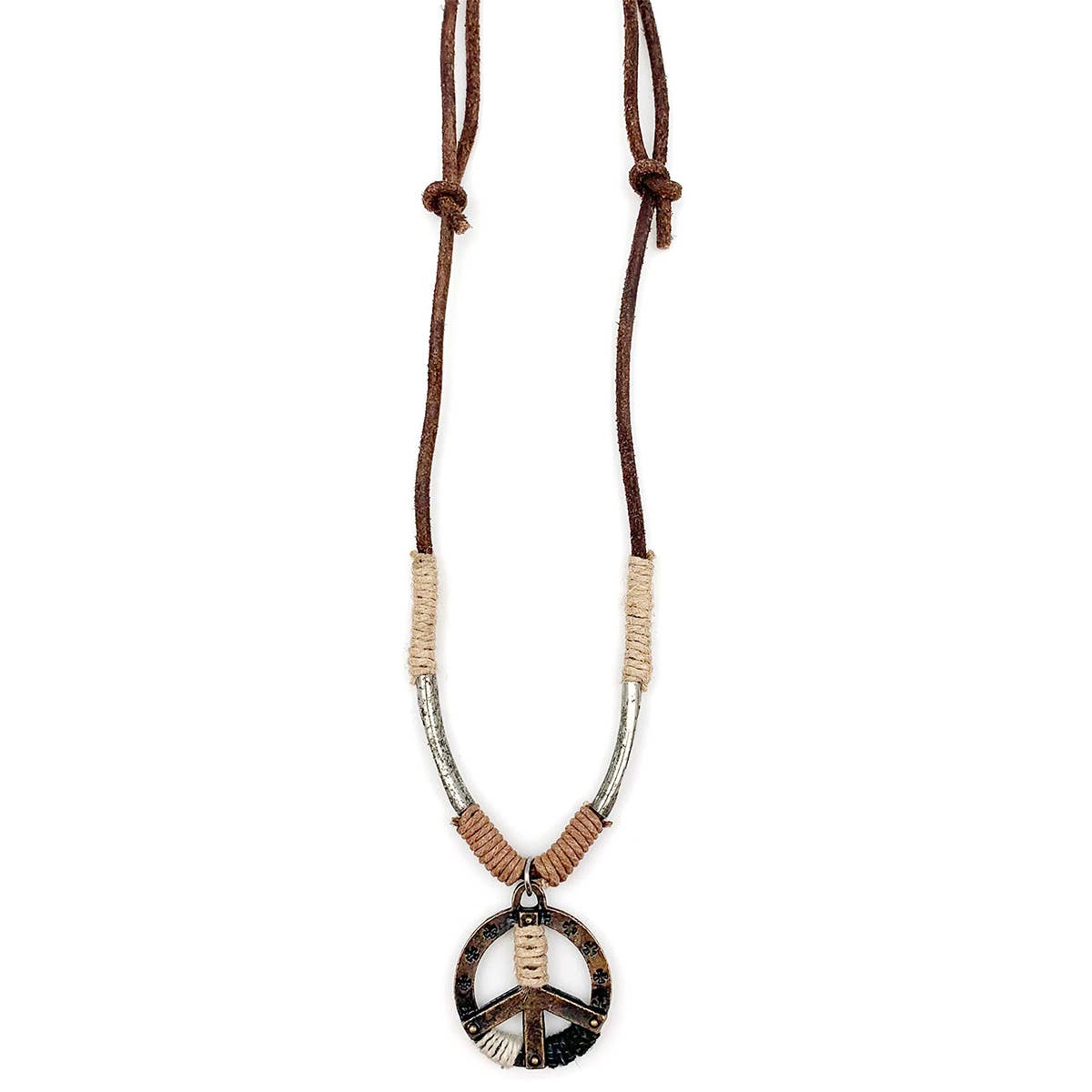 Aadi Brass Peace Sign Pendant Wrapped Cord Necklace