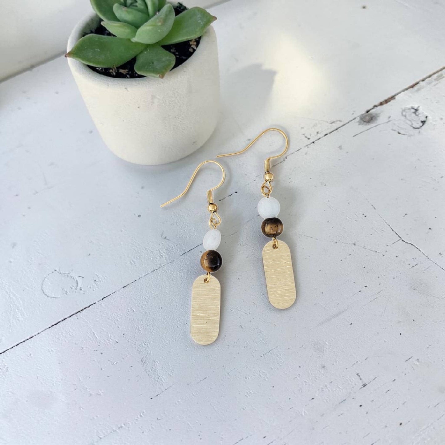 Brass Drop with Amazonite & Tigers Eye Earrings