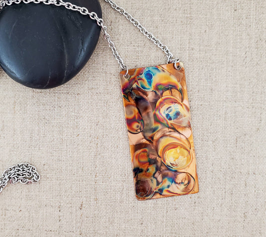 Long Flame Paint Copper Rectangle Necklace
