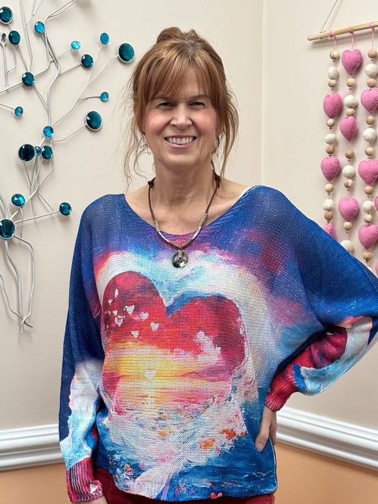 Sea Heart V-Neck Knit Printed Long Sleeves Sweater LOOWIE