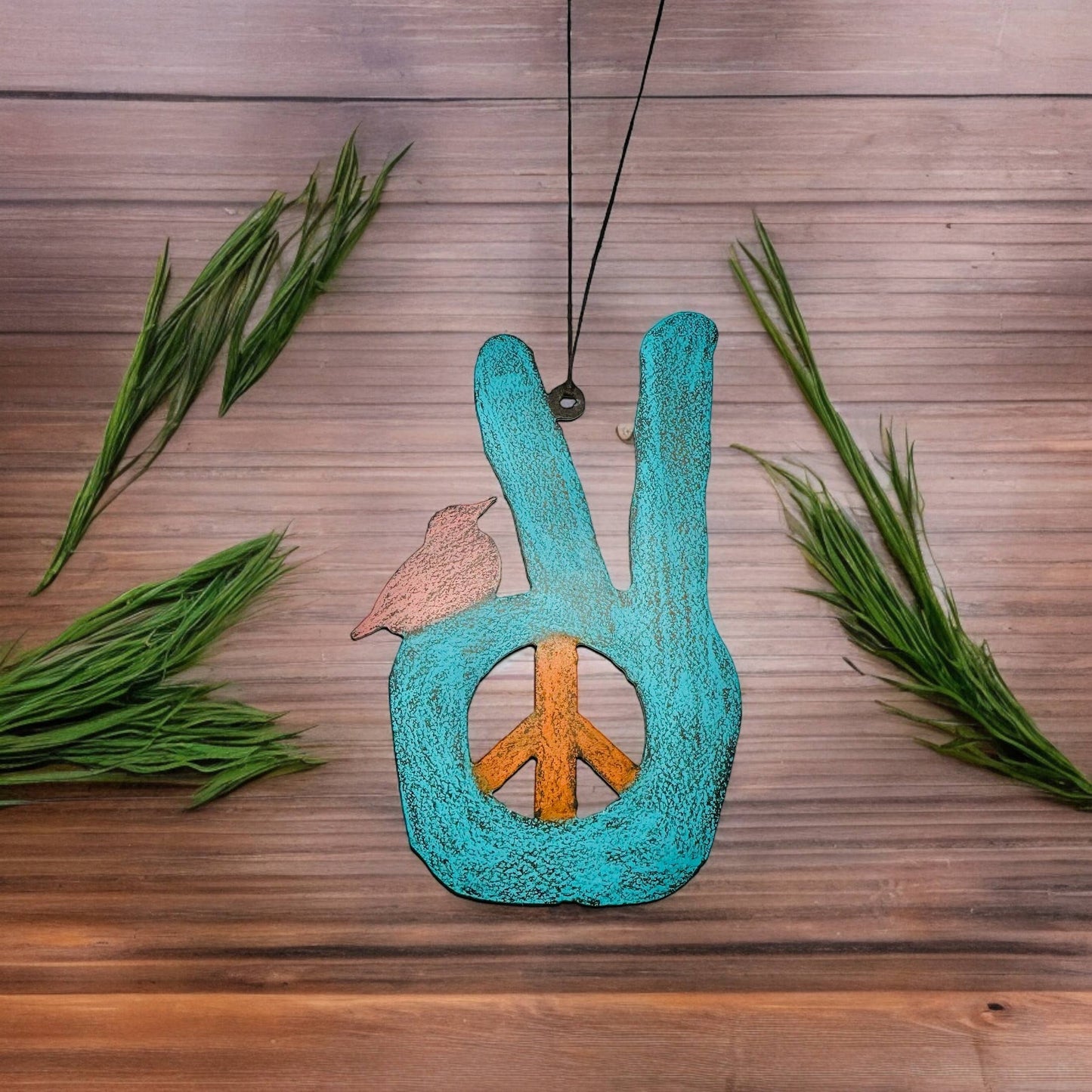 Peace sign ornament hippie hand bird metal gift recycled USA