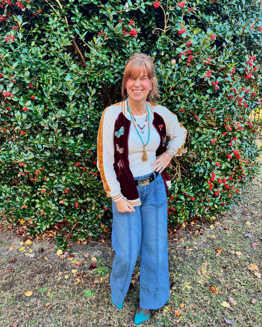 Velvet Embroidered  Baseball Jacket with Butterflies