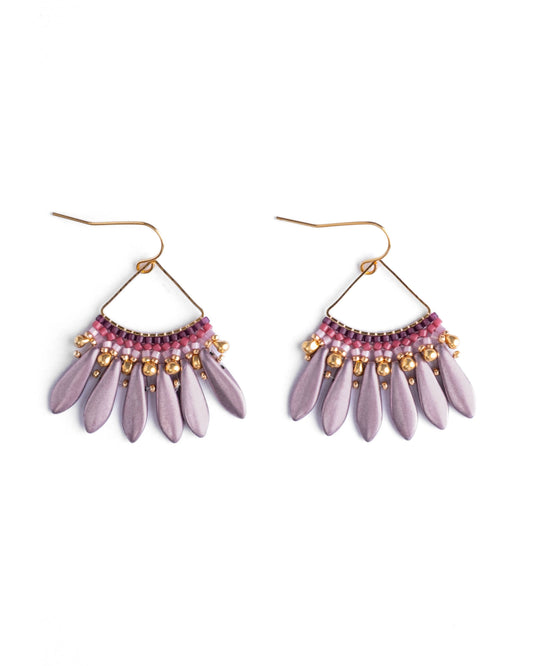 Beaded Handwoven Heirloom Fan Drop Earrings (Lilac)