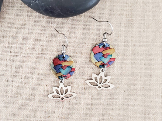 Alcohol Ink Stainless Steel Connector Lotus Earrings