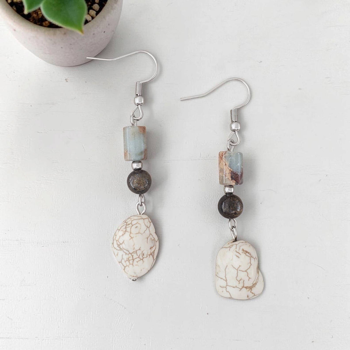 Howlite, Bronzite, Jasper & Stainless Earrings