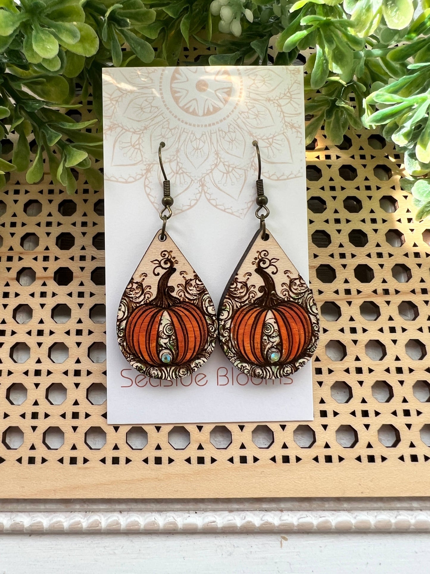 Pumpkin  hand painted lightweight  maple wood earrings   