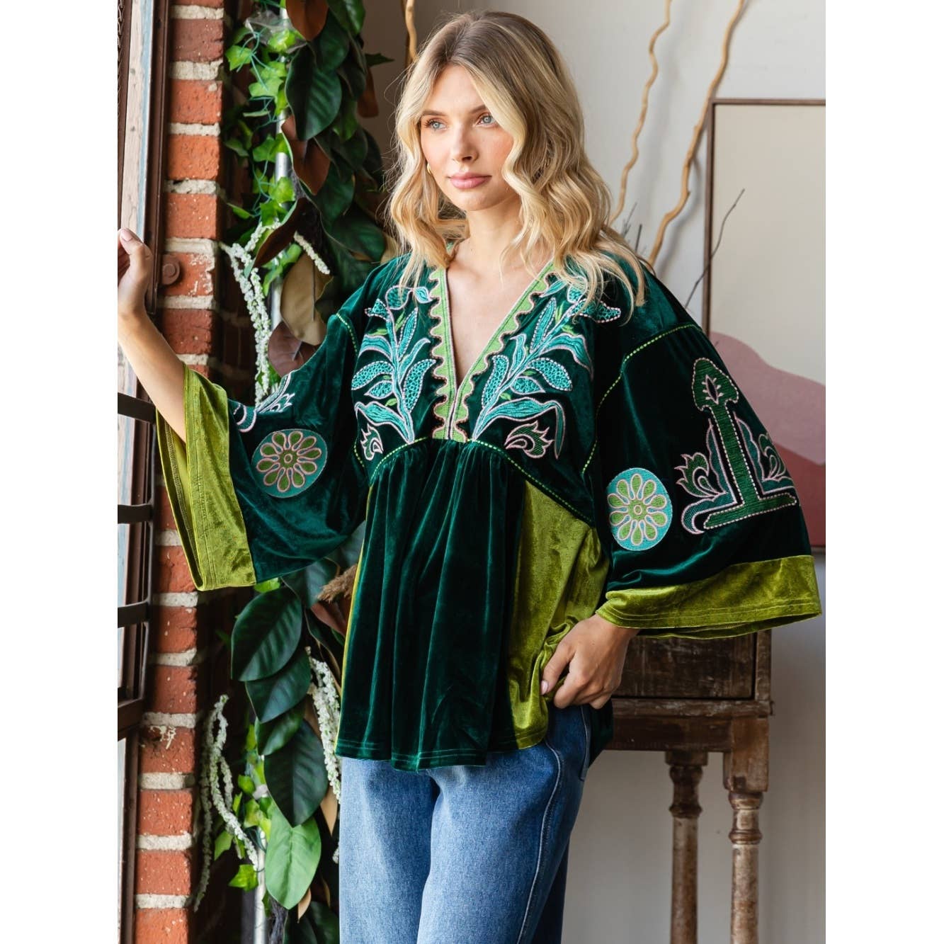 Evergreen Dreams Embroidery Velvet Top