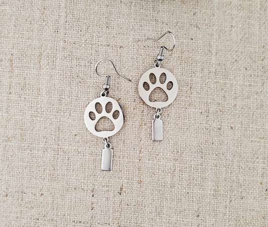 Stainless Steel Dog Paw with Drop Earrings