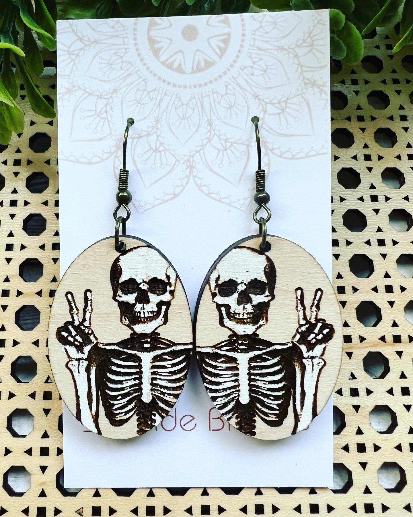 Skeleton hand painted lightweight wood earrings