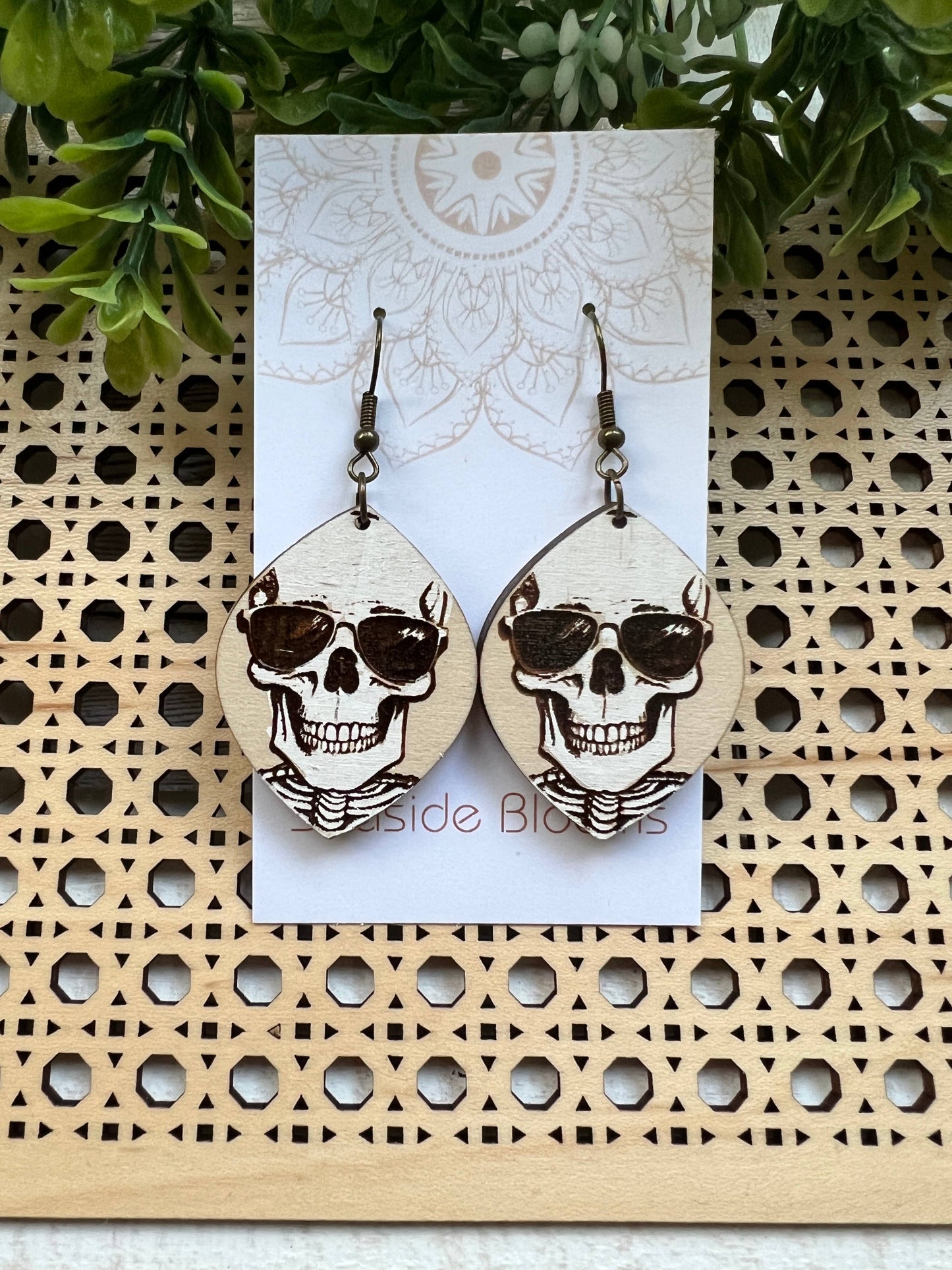 Skeleton hand painted lightweight wood earrings