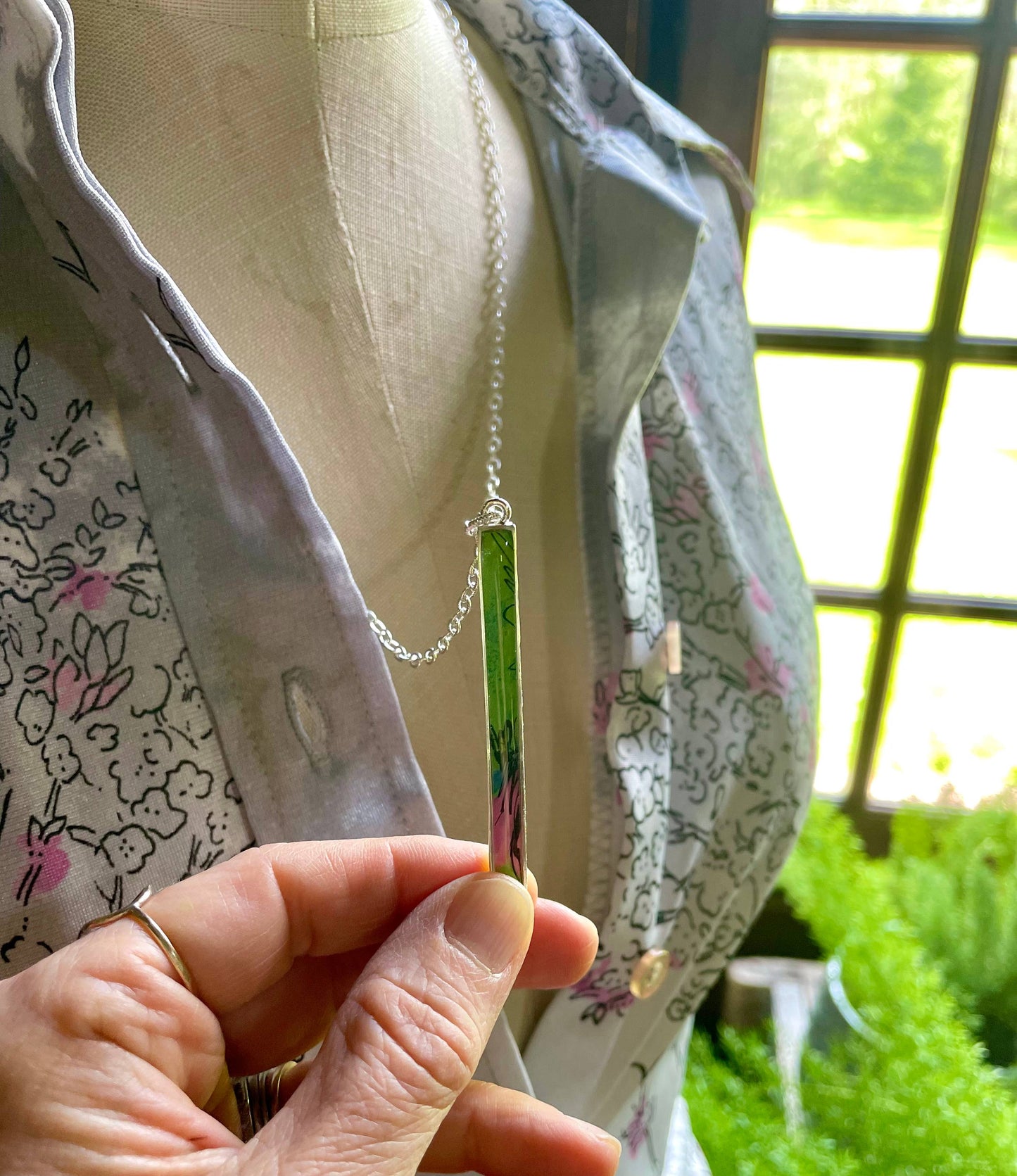 Long slim silver rectangle necklace - preppy pink, green
