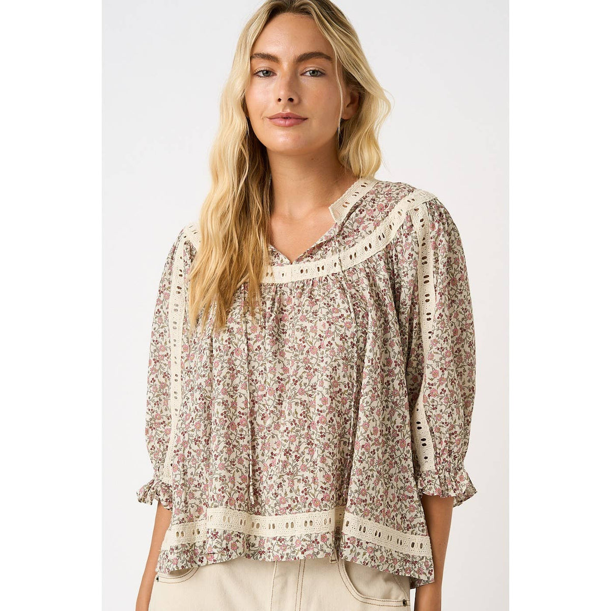 Floral Crochet Trim Boho Blouse