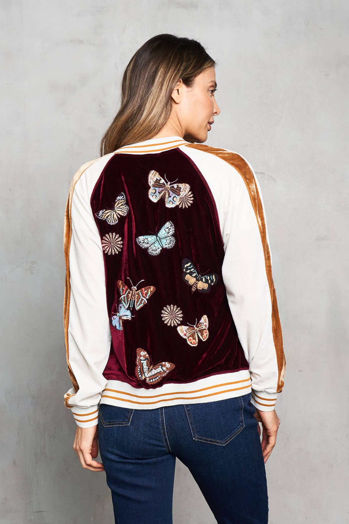 Velvet Embroidered  Baseball Jacket with Butterflies