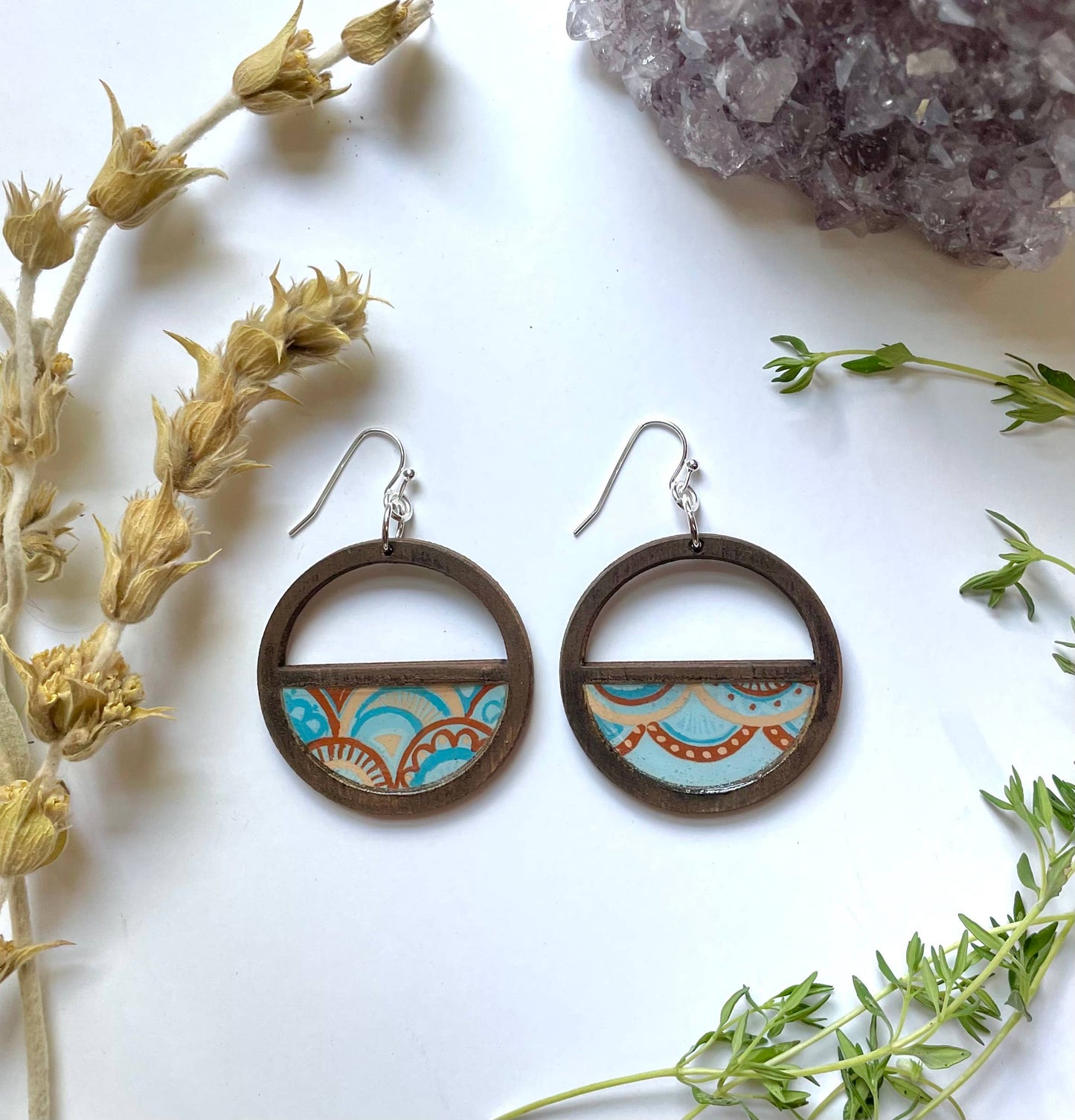 Natural Dark Wood Earrings - blue deco inspired, light!
