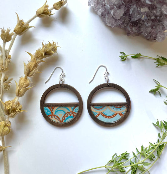 Natural Dark Wood Earrings - blue deco inspired, light!