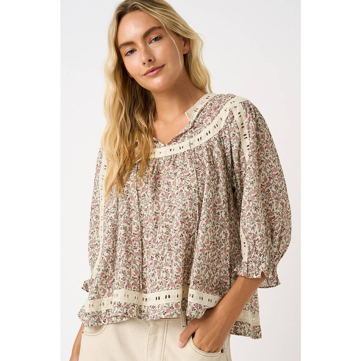 Floral Crochet Trim Boho Blouse