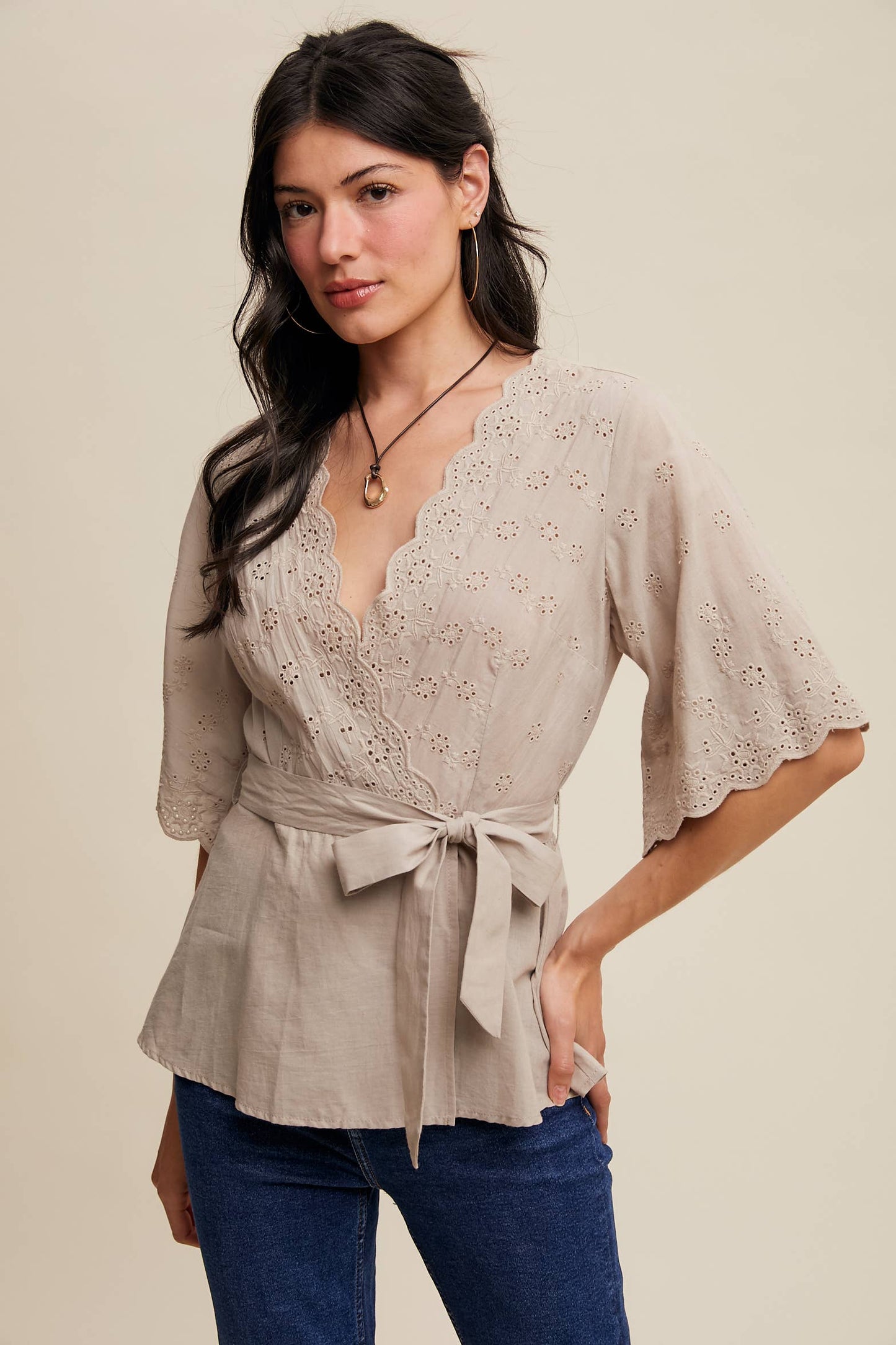Eyelet Embroidered Wrap Blouse