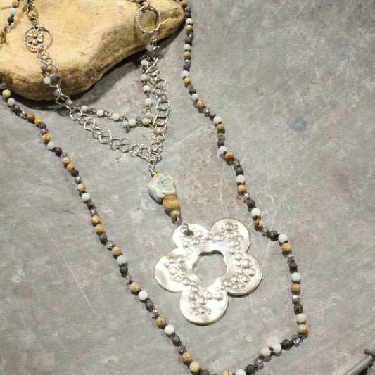 Three Wishes Silver Stone Layered Flower Pendant Necklace