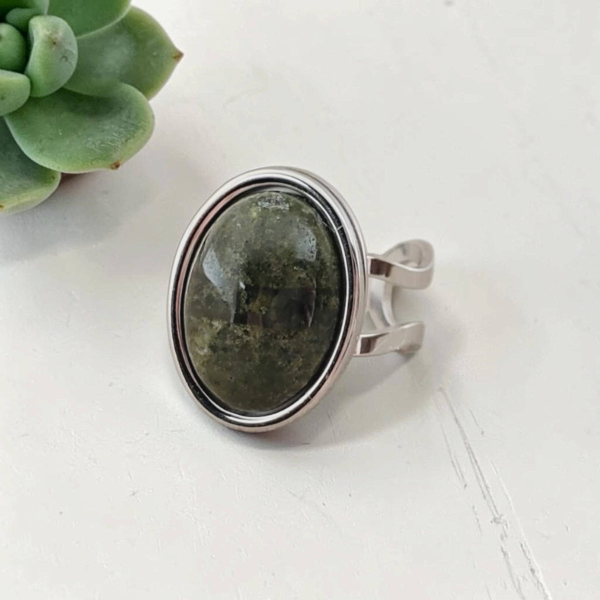 Unakite & Stainless Adjustable Ring Cuff