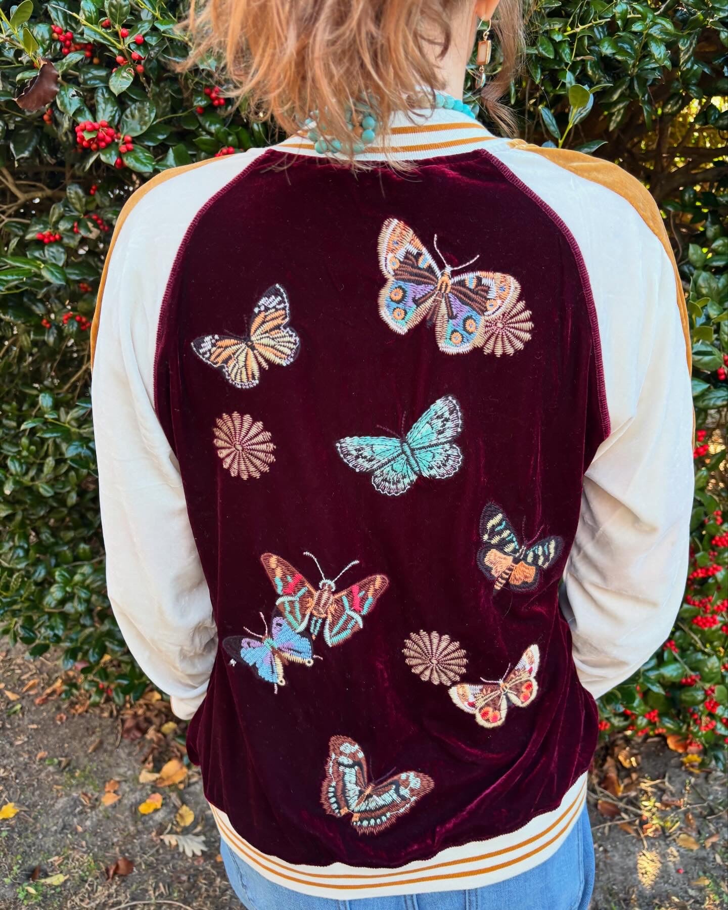 Velvet Embroidered  Baseball Jacket with Butterflies