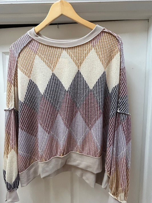 Argyle Print Oversized Long Sleeve Knit Top