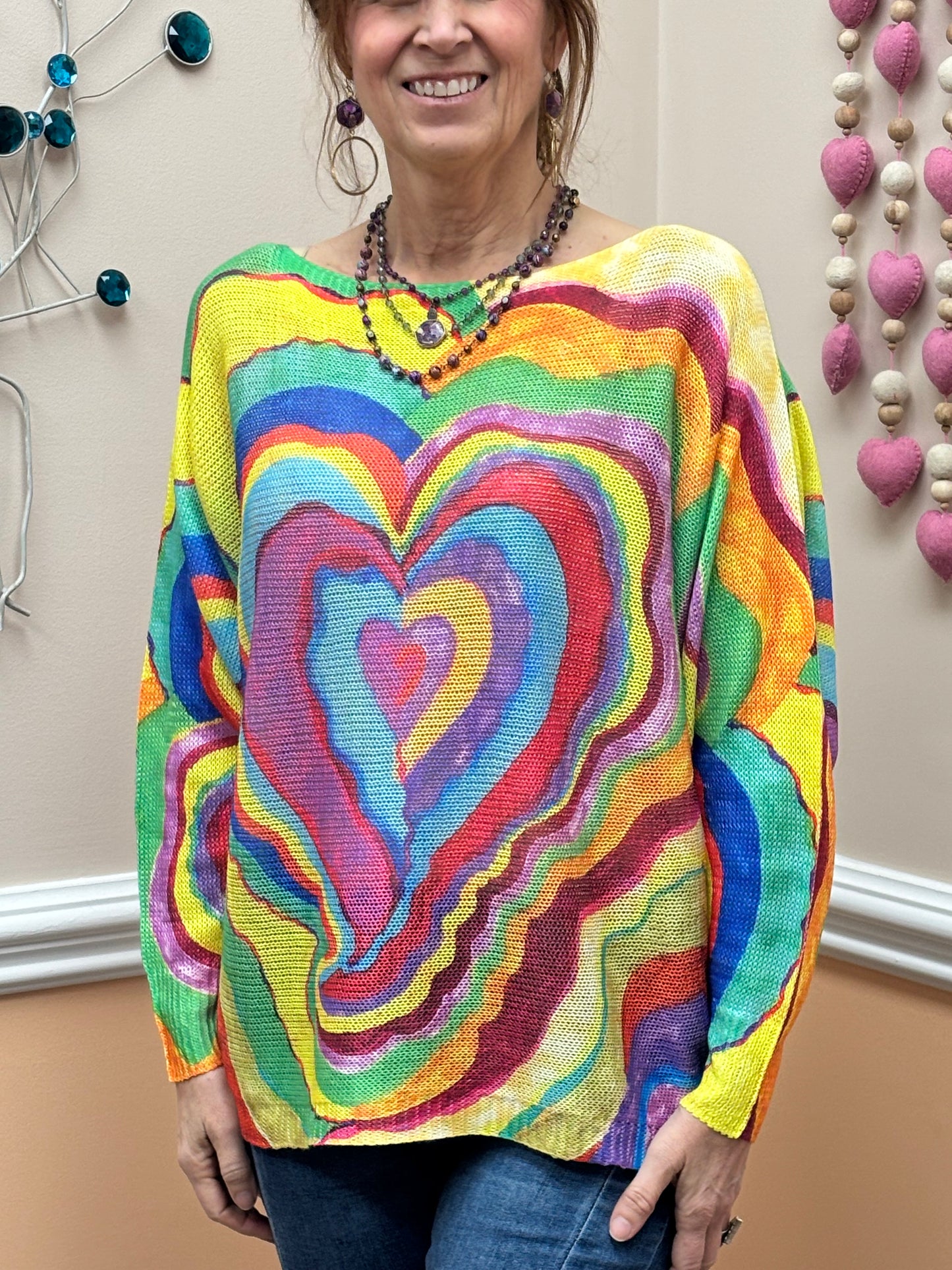 Multi Hearts Round Knit Printed Sweater LOOWIE