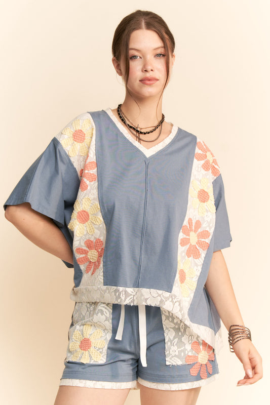 Floral Patchwork V neck Top
