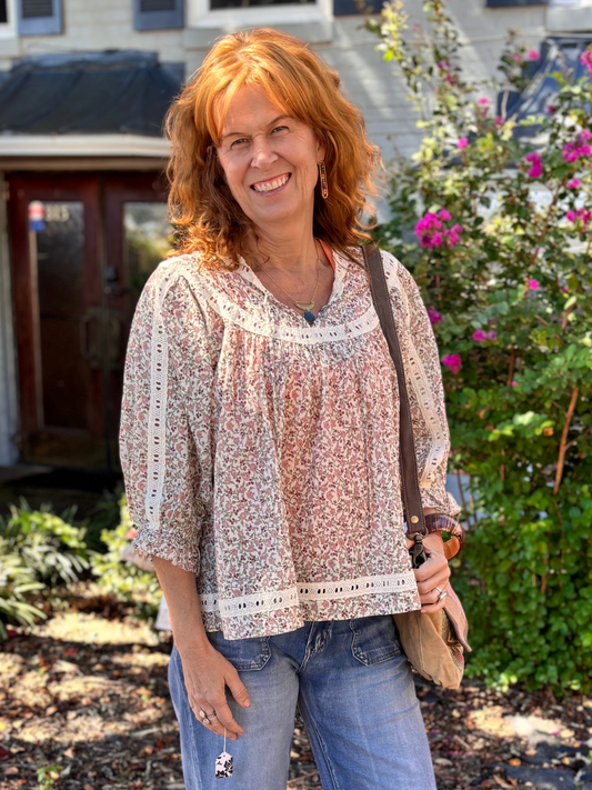 Floral Crochet Trim Boho Blouse