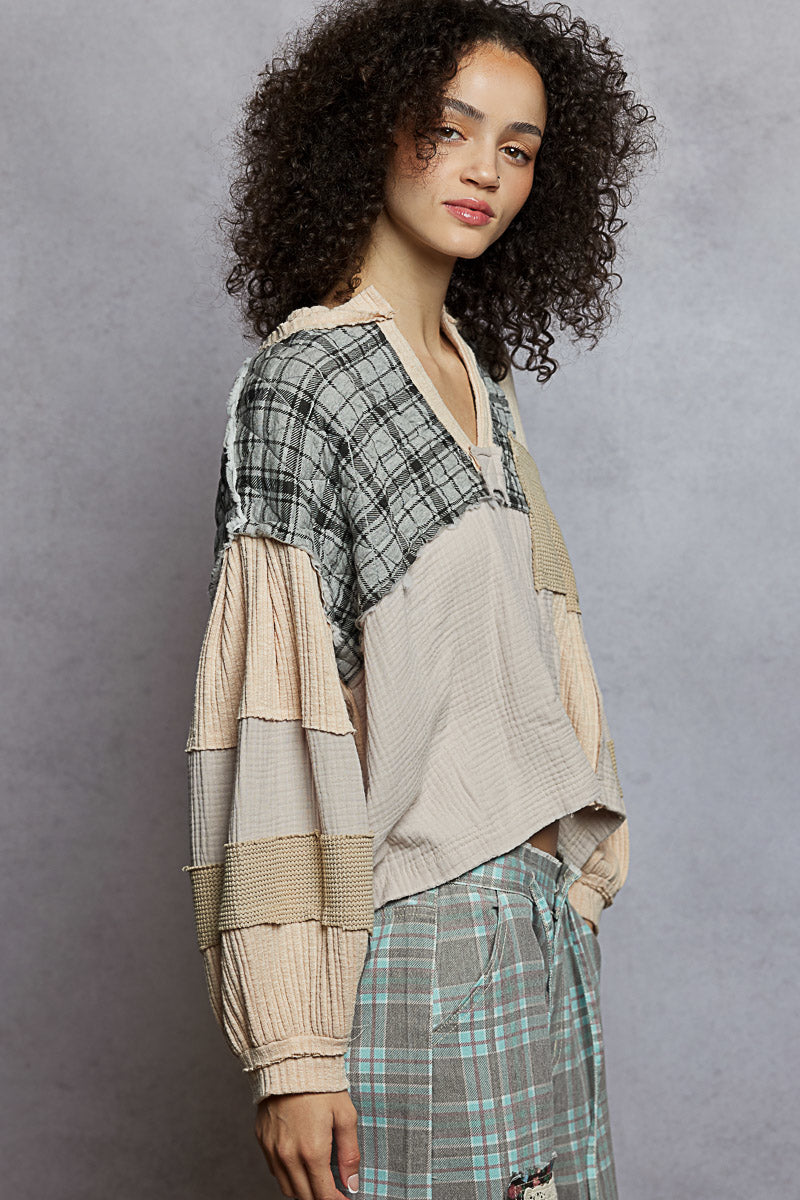 Azure Blue Double Gauze Quilted Balloon Sleeve Top
