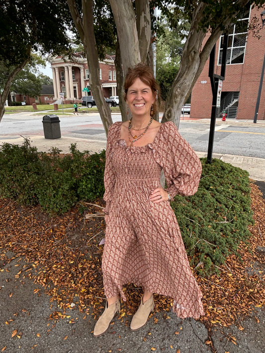 Mocha Brown Smocked Floral Dress 🌸✨