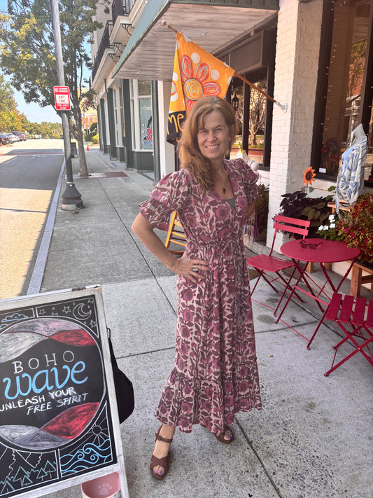 Hand Block Printed Naturally Dyed Cotton Maxi Dress (Emelie)