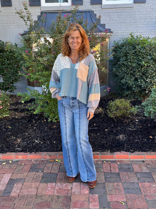 Azure Blue Double Gauze Quilted Balloon Sleeve Top